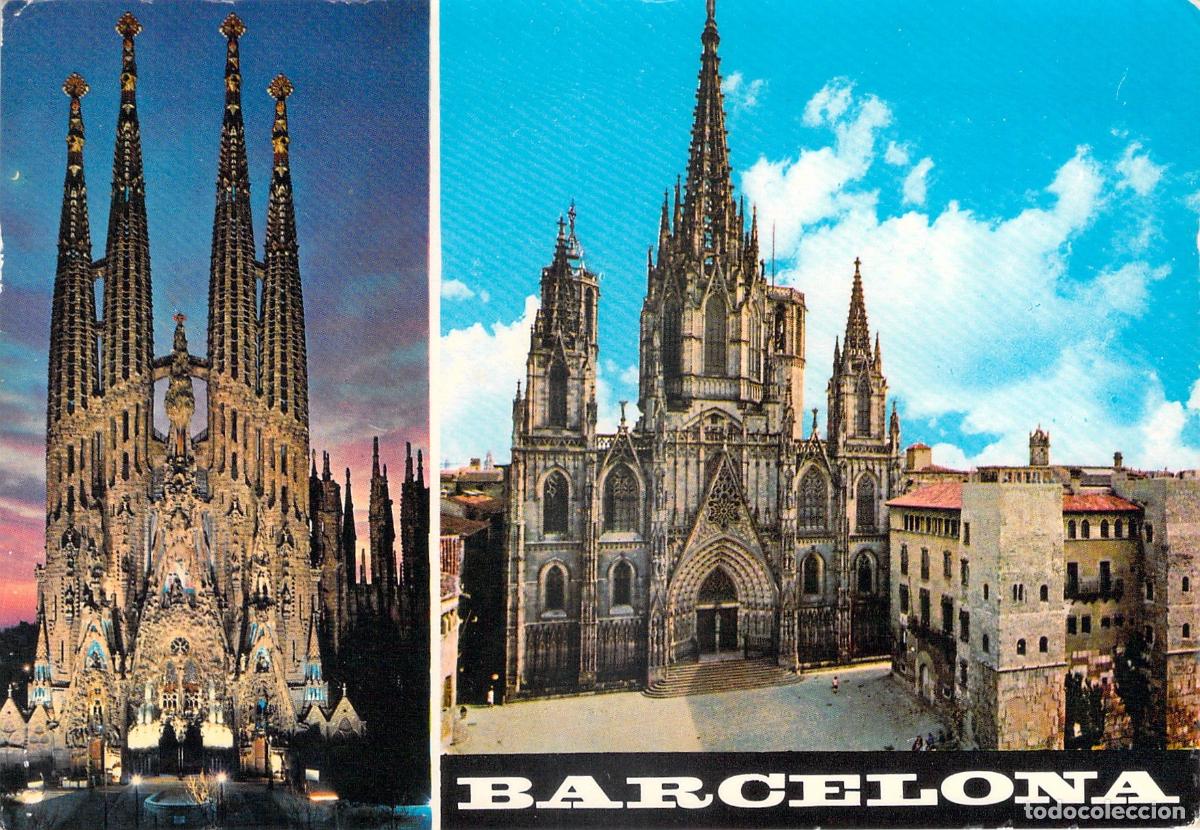 Postales: Postal de Barcelona con la Sagrada Familia y la Catedral