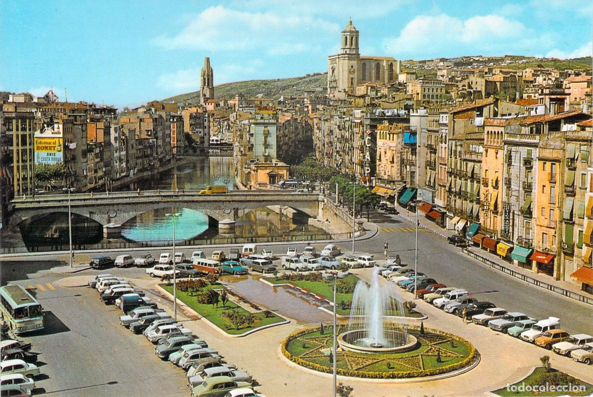 Postales: Postal de Gerona: Plaza Catalu&ntilde;a y R&iacute;o O&ntilde;ar con Catedral al Fondo