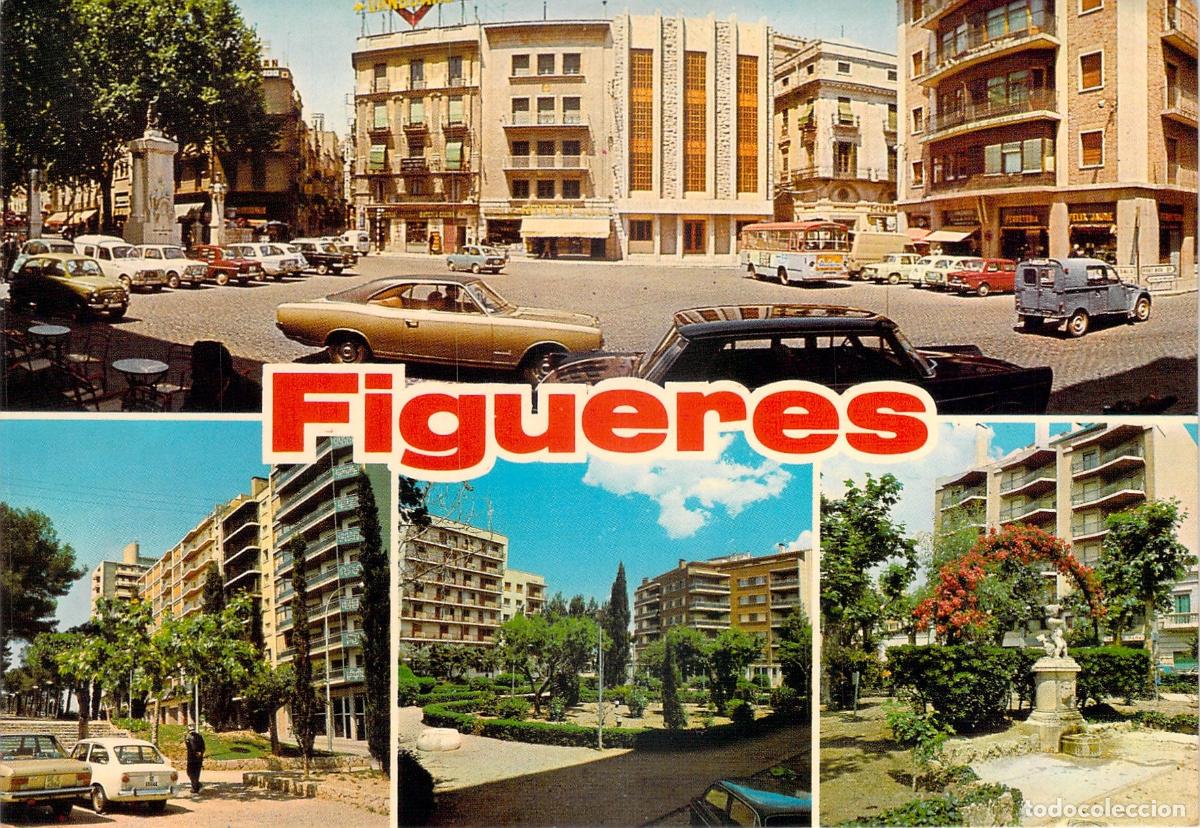 Postales: Postal de Figueres, Gerona - Vistas de la Ciudad con Coches de &Eacute;poca