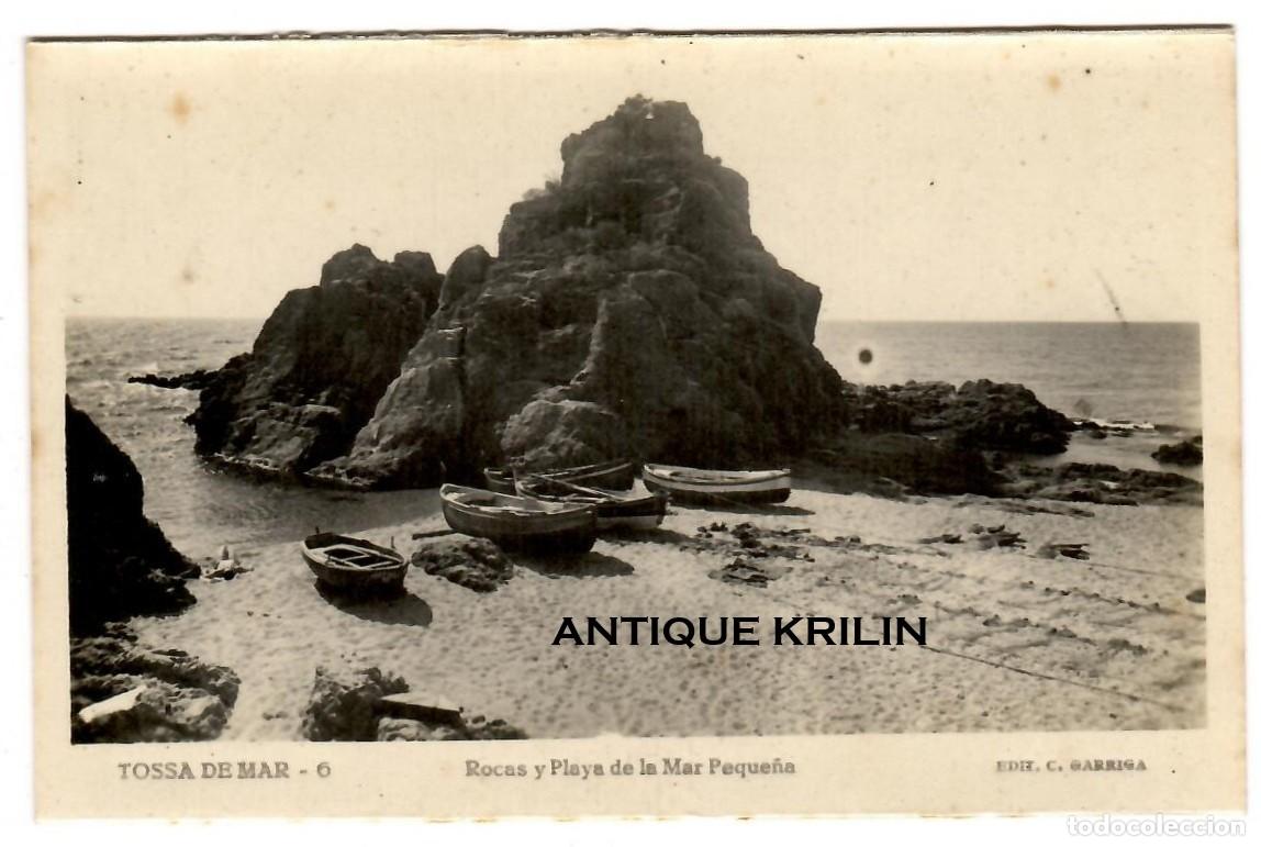 Postales: TOSSA DE MAR N&ordm; 6 ROCAS Y PLAYA DE LA MAR PEQUE&Ntilde;A / FOTO C. GARRIGA / SIN FRANQUEAR