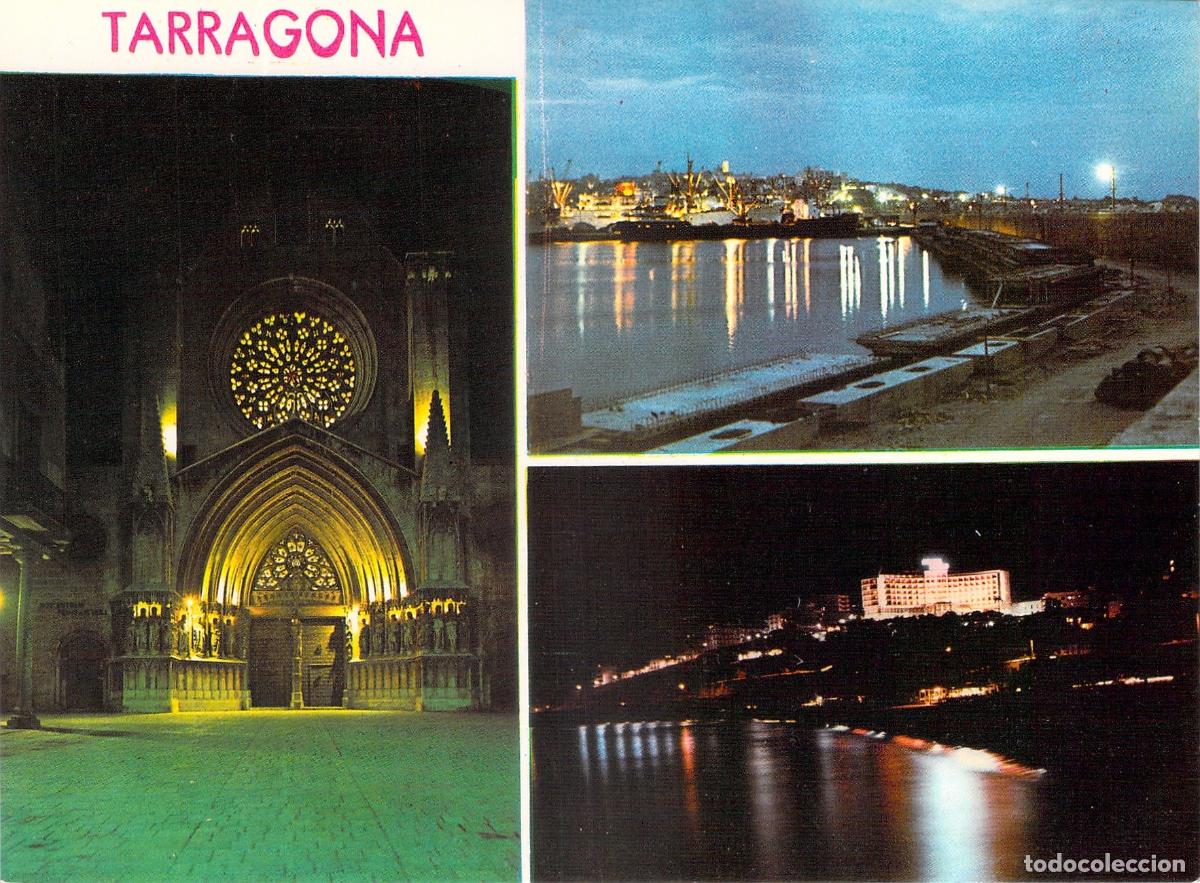 Postales: Postal Multivista de Tarragona de Noche con Catedral y Puerto