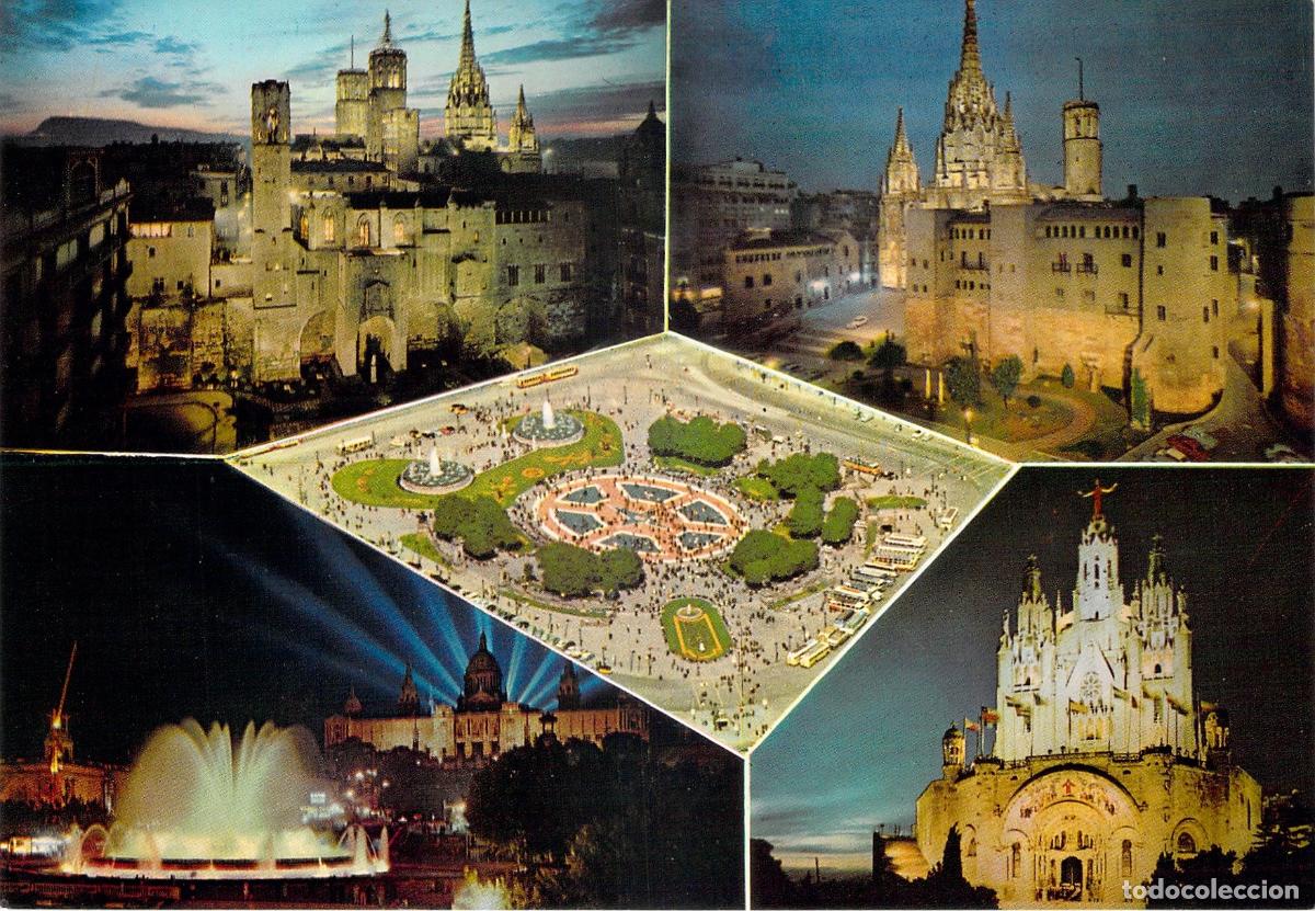 Postales: Postal de Barcelona Vistas de la Ciudad Plaza Catalu&ntilde;a Montju&iuml;c Tibidabo