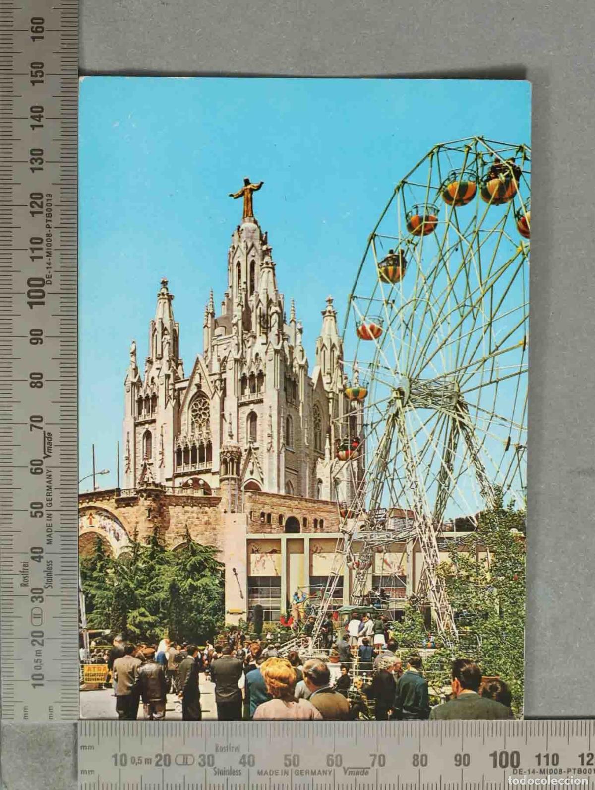 Postales: POSTAL. Barcelona - Tibidabo - Noria y Templo del Sagrado Coraz&oacute;n