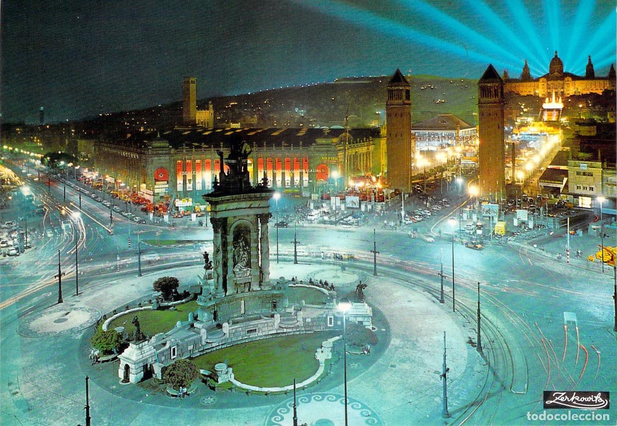 Postales: Postal de Barcelona Plaza Espa&ntilde;a y Entrada Exposici&oacute;n de Noche