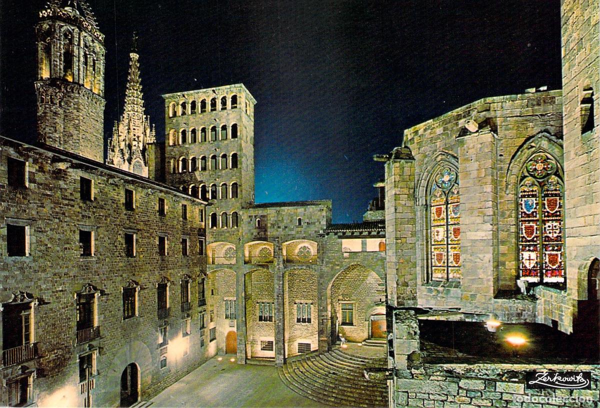 Postales: Postal de la Plaza del Rey en Barcelona de Noche