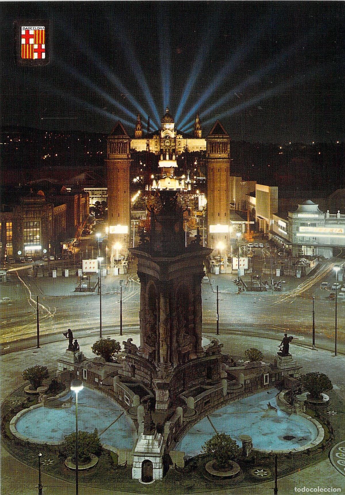 Postales: Postal de Barcelona Plaza de Espa&ntilde;a y Exposici&oacute;n Vista Nocturna