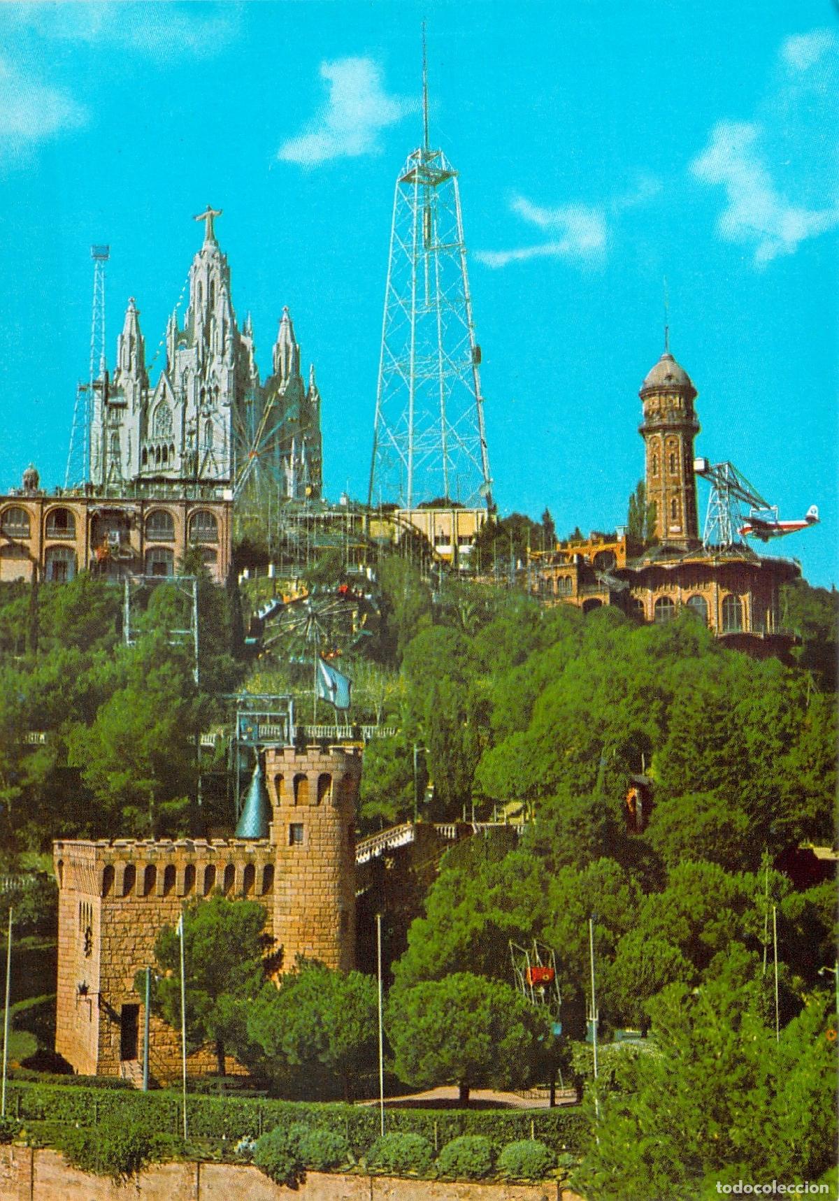 Postales: Postal Barcelona Tibidabo Parque de Atracciones y Templo Sagrado Coraz&oacute;n