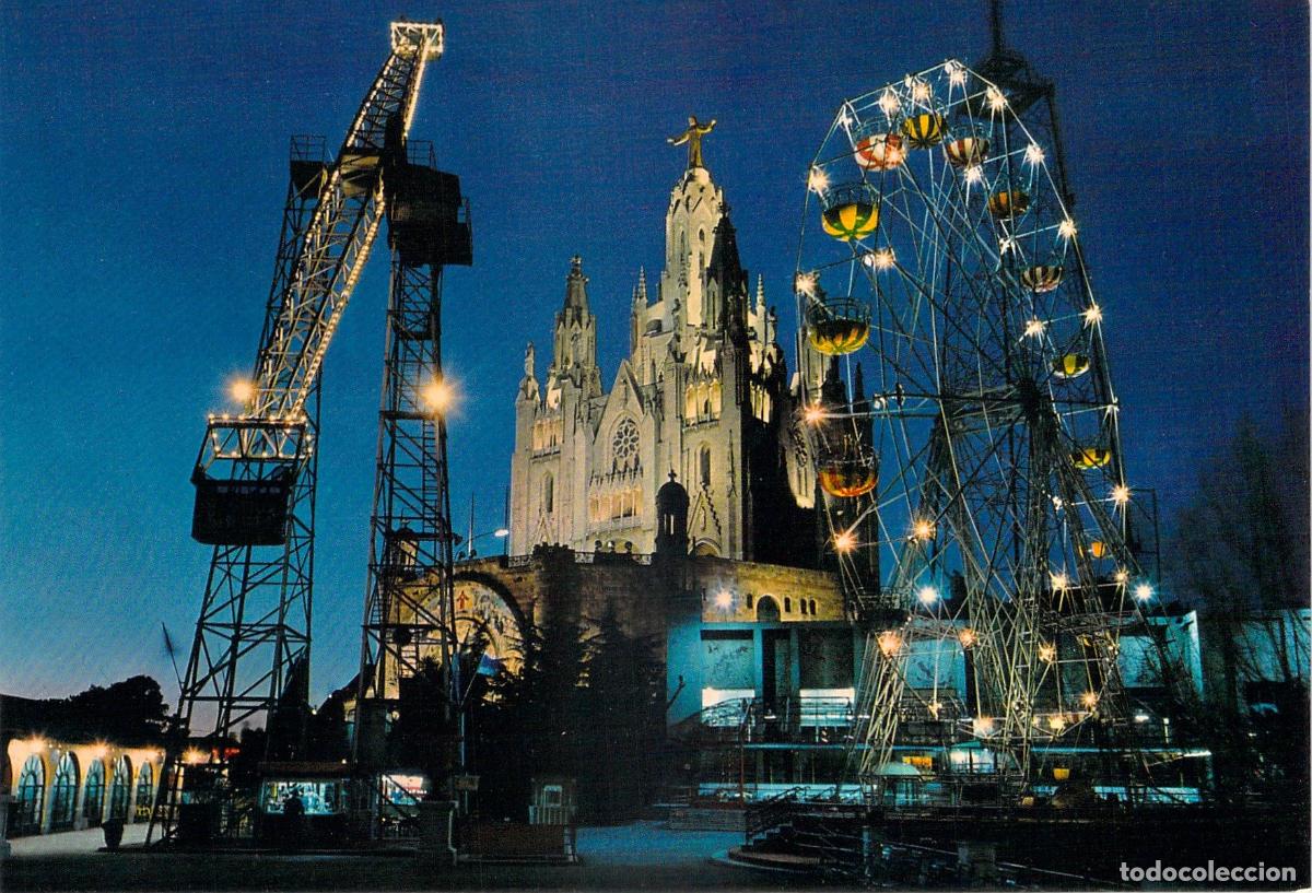 Postales: Postal Tibidabo Barcelona Templo Sagrado Coraz&oacute;n y Parque de Atracciones