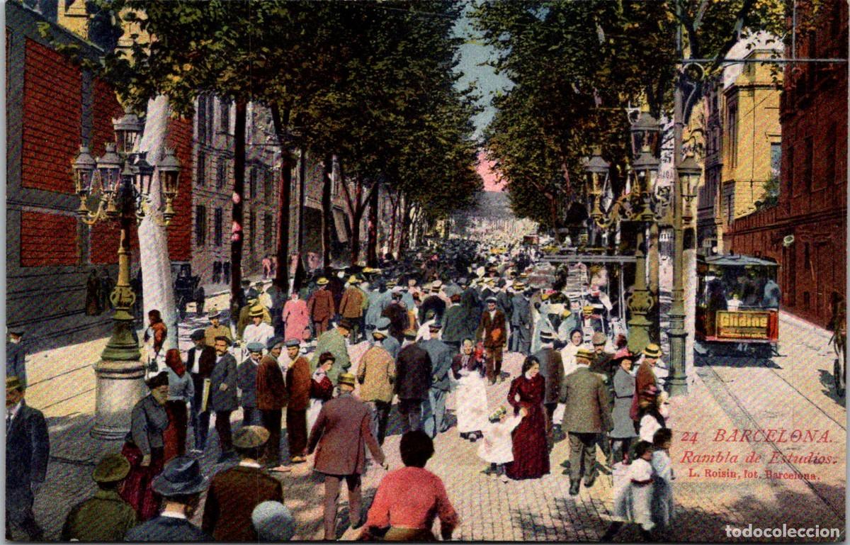Postales: Barcelona - Rambla de Estudios - Roisin 24 - Coloreada - 136x87mm - Tranv&iacute;a Pub. Glidine