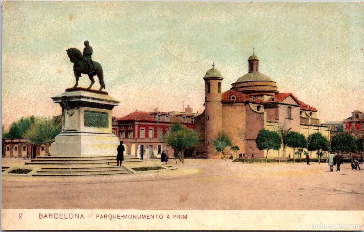 Postales: Barcelona - Parque - Monumento a Prim - Samsot y Miss&egrave; Hs. 2 - Coloreada - 137x87mm