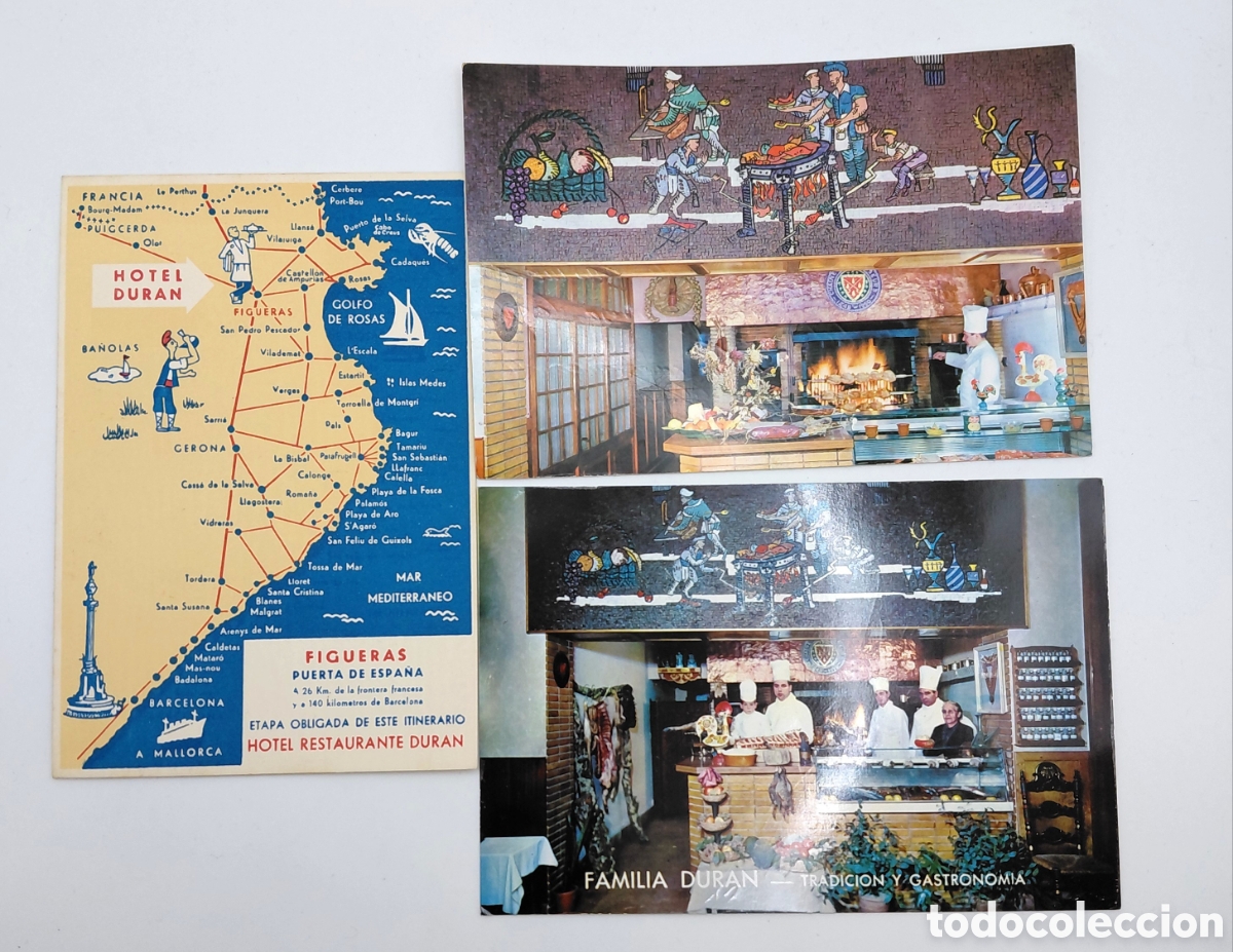 Postales: FIGUERAS / HOTEL RESTAURANT DUR&Aacute;N / 3 POSTALES SIN FRANQUEAR PERO ESCRITAS