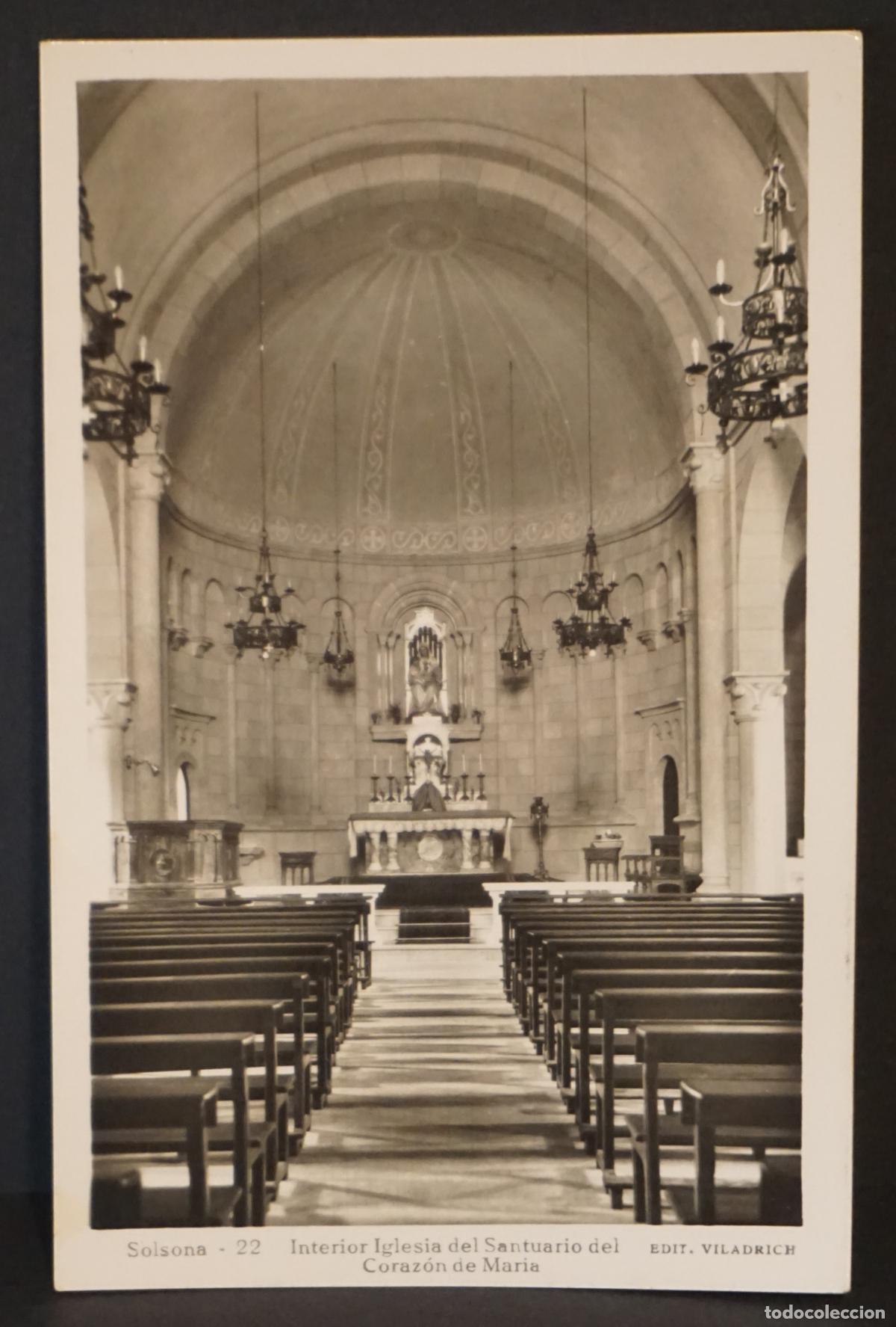 Postcards: Solsona, Interior del Santuario del Coraz&oacute;n de Mar&iacute;a, antigua postal usada