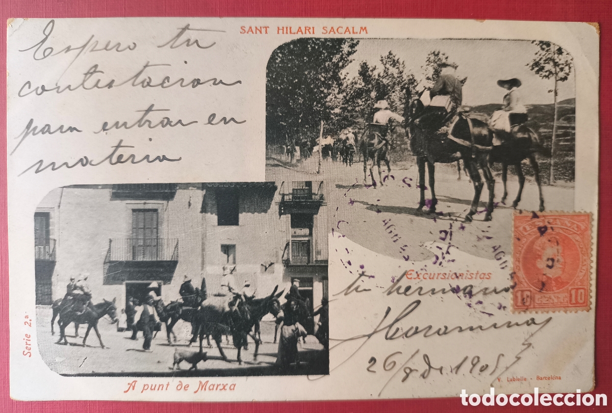 Postales: SANT HILARI SACALM EXCURSIONISTES A PUNT DE MARXA POSTAL ANIMADA CIRCULADA V. LABIELLE 1905