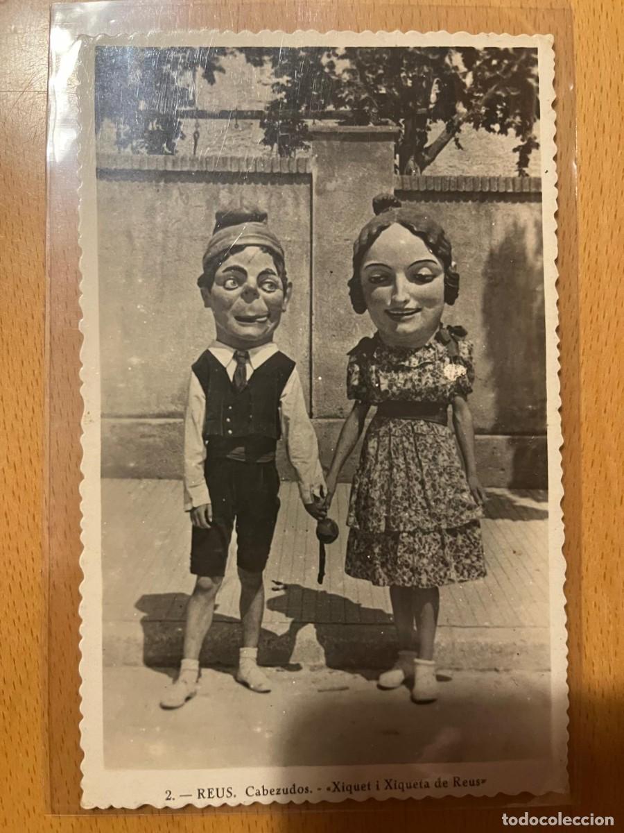 Postales: cabezudos xiquet i xiqueta Reus Tarragona escrita