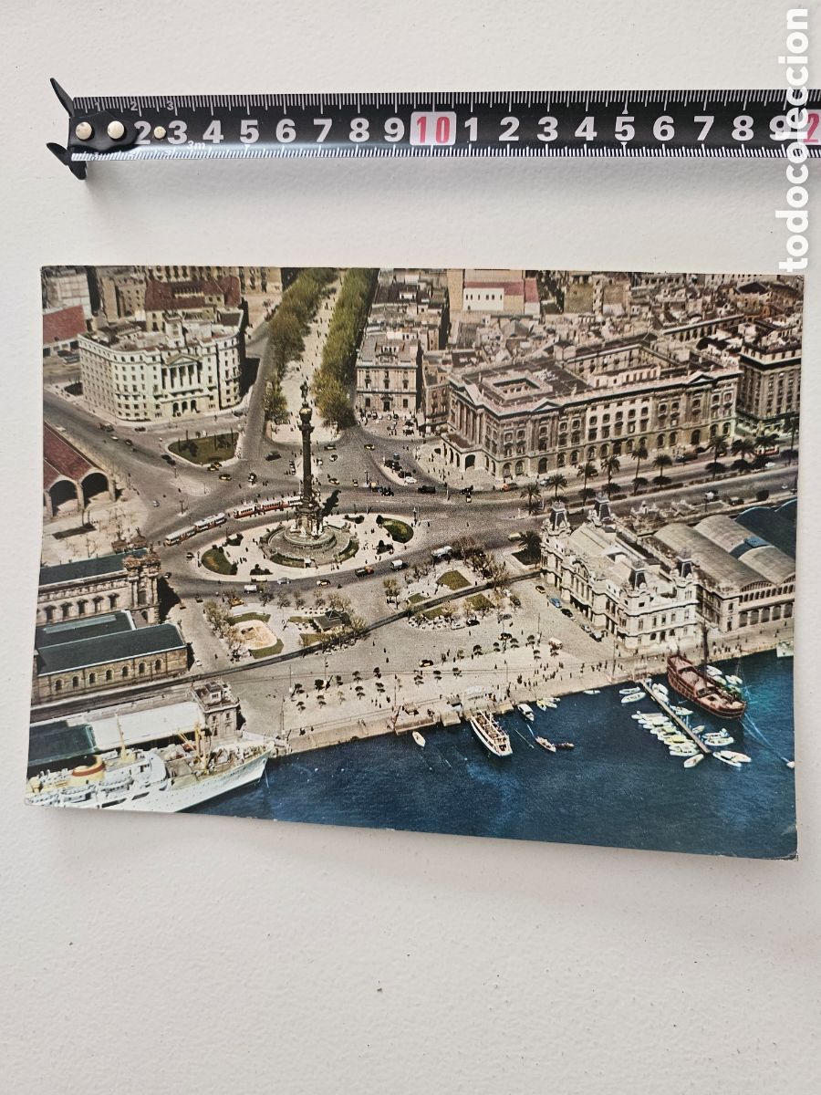 Postkarten: Postal de gran tama&ntilde;o de Barcelona Vista A&eacute;rea del Puerto de la Paz, 1958 Ektachrome Puig Ferran