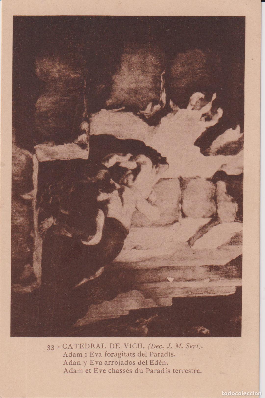 Postales: VIC, CATEDRAL, J.M.SERT - ADAM I EVA FORAGITATS DEL PARAD&Iacute;S - FOTOTIPIA THOMAS 33 - S/C