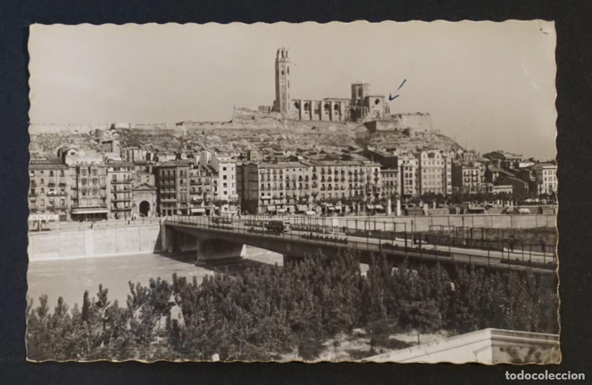Postales: Lleida, Puente sobre el rio Segre, postal escrita en el reverso de los a&ntilde;os 50