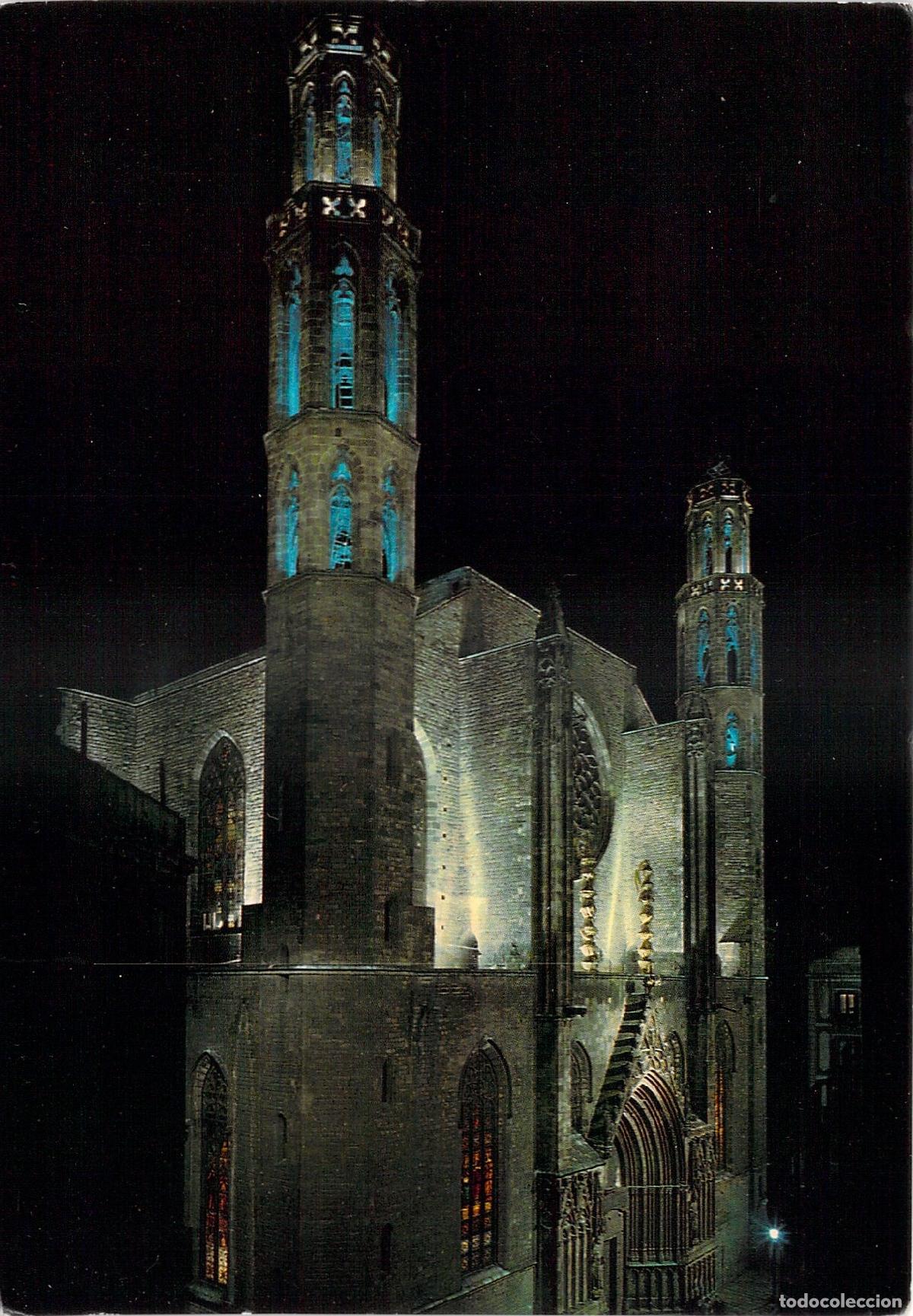 Postales: Postal Barcelona Bas&iacute;lica de Santa Mar&iacute;a del Mar de Noche