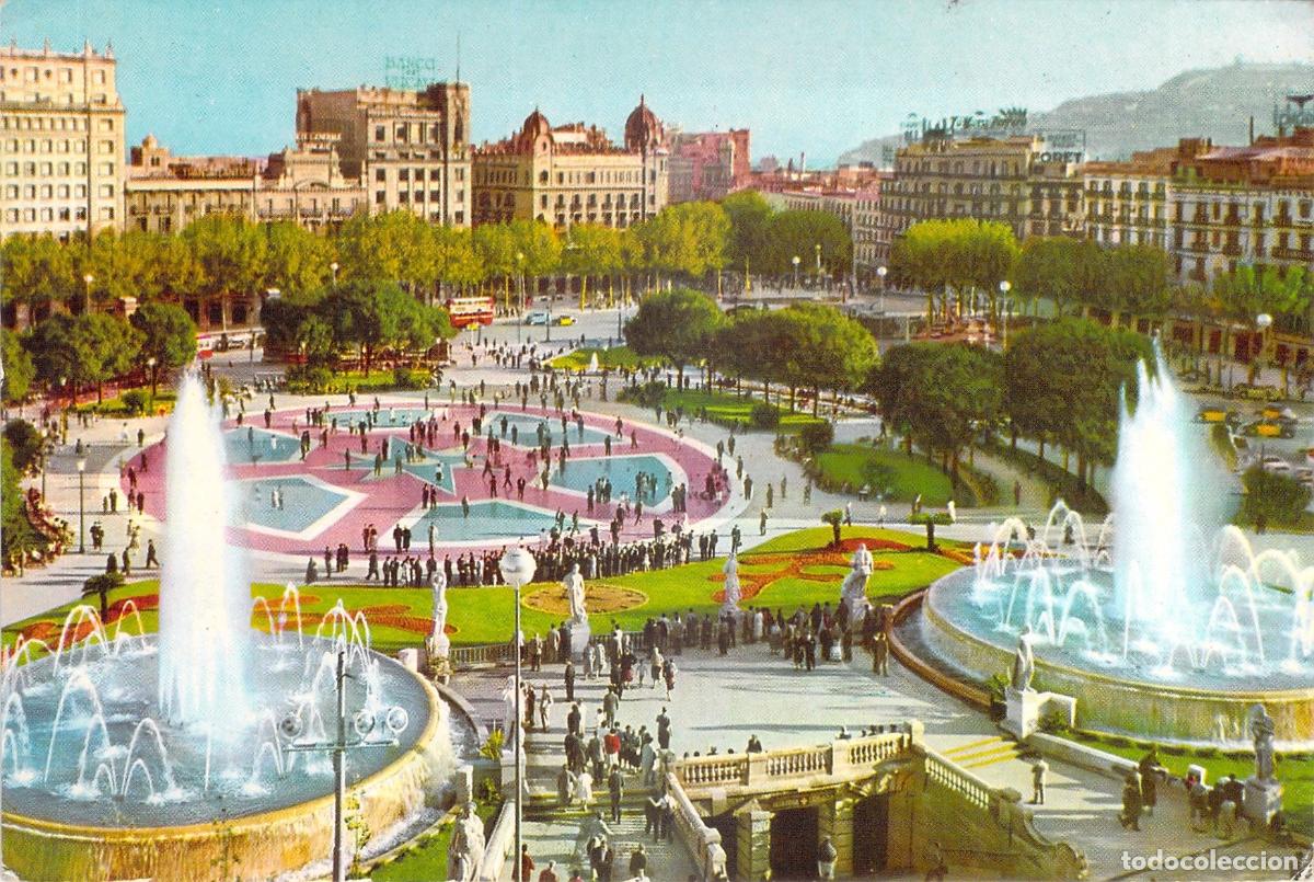 Postales: Postal Plaza de Catalu&ntilde;a con Fuentes en Barcelona