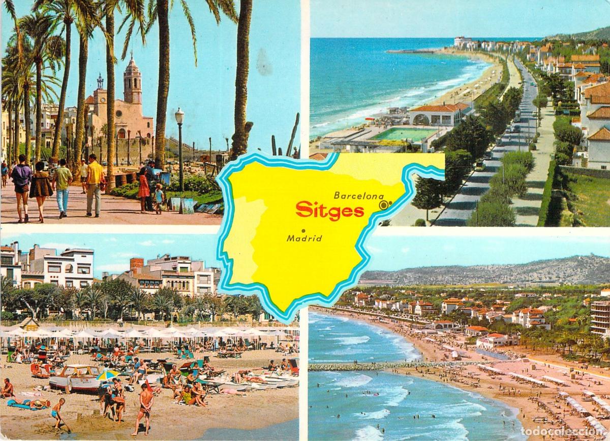 Postales: Postal Multivista de Sitges Barcelona con Playa de Oro y Paseo Mar&iacute;timo