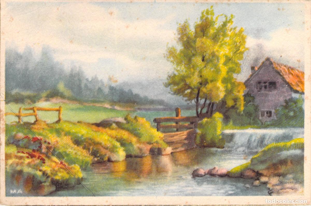 Postales: Postal de paisaje rural con casa y r&iacute;o