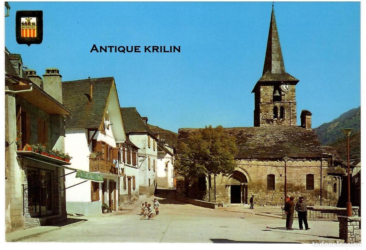 Postales: PIRINEU CATAL&Aacute; N&ordm; 69 BOSSOST , ESGLESIA I PLA&Ccedil;A / ESCUDO DE ORO / FRANQUEADA