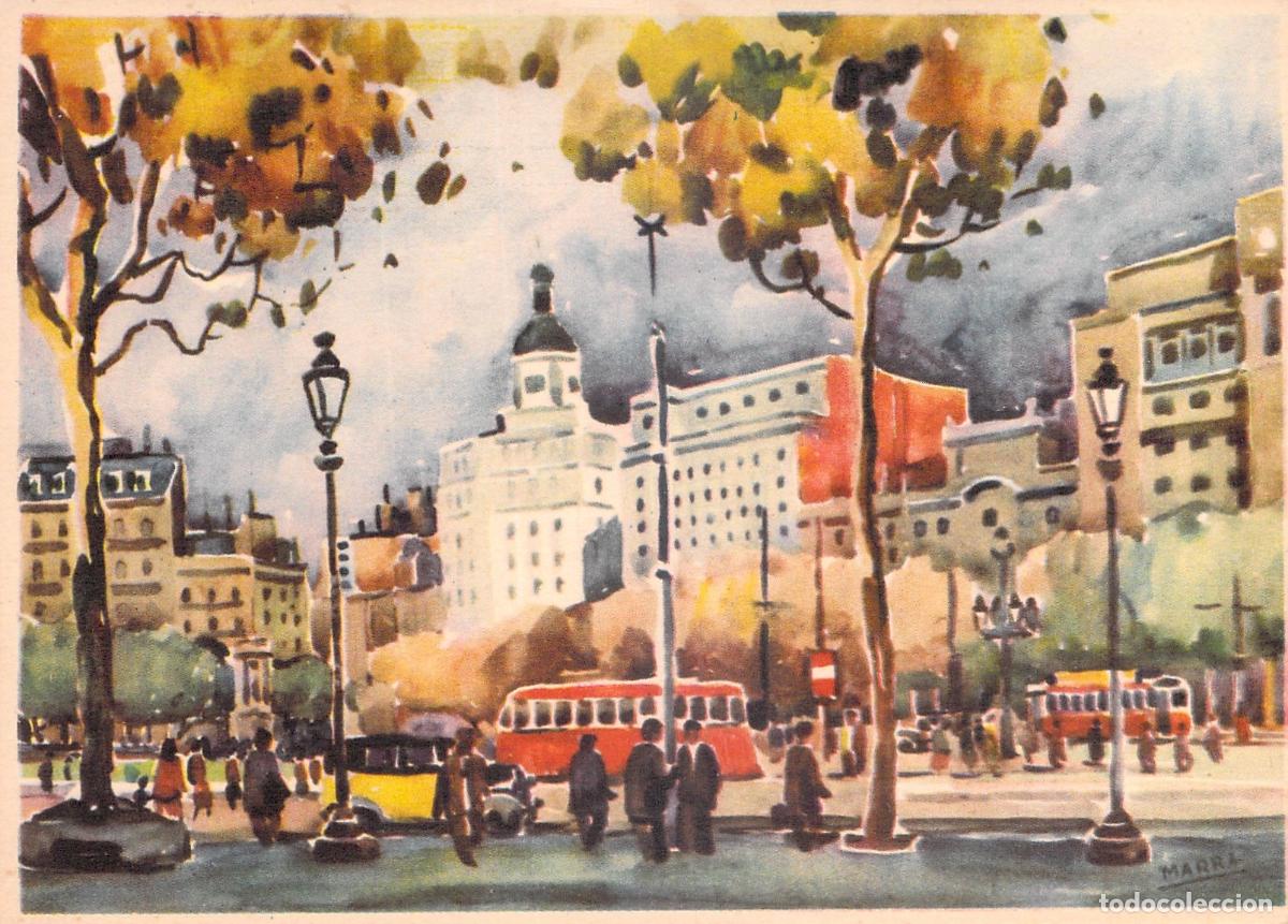Postales: Postal de la Plaza de Catalu&ntilde;a en Barcelona PINTURA PERE MARRA