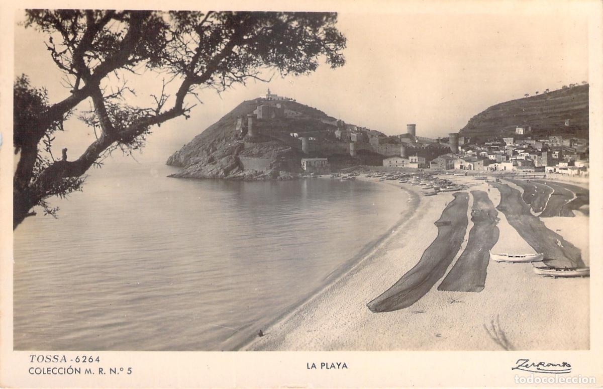 Postales: Postal de Tossa de Mar Costa Brava con playa y redes de pesca
