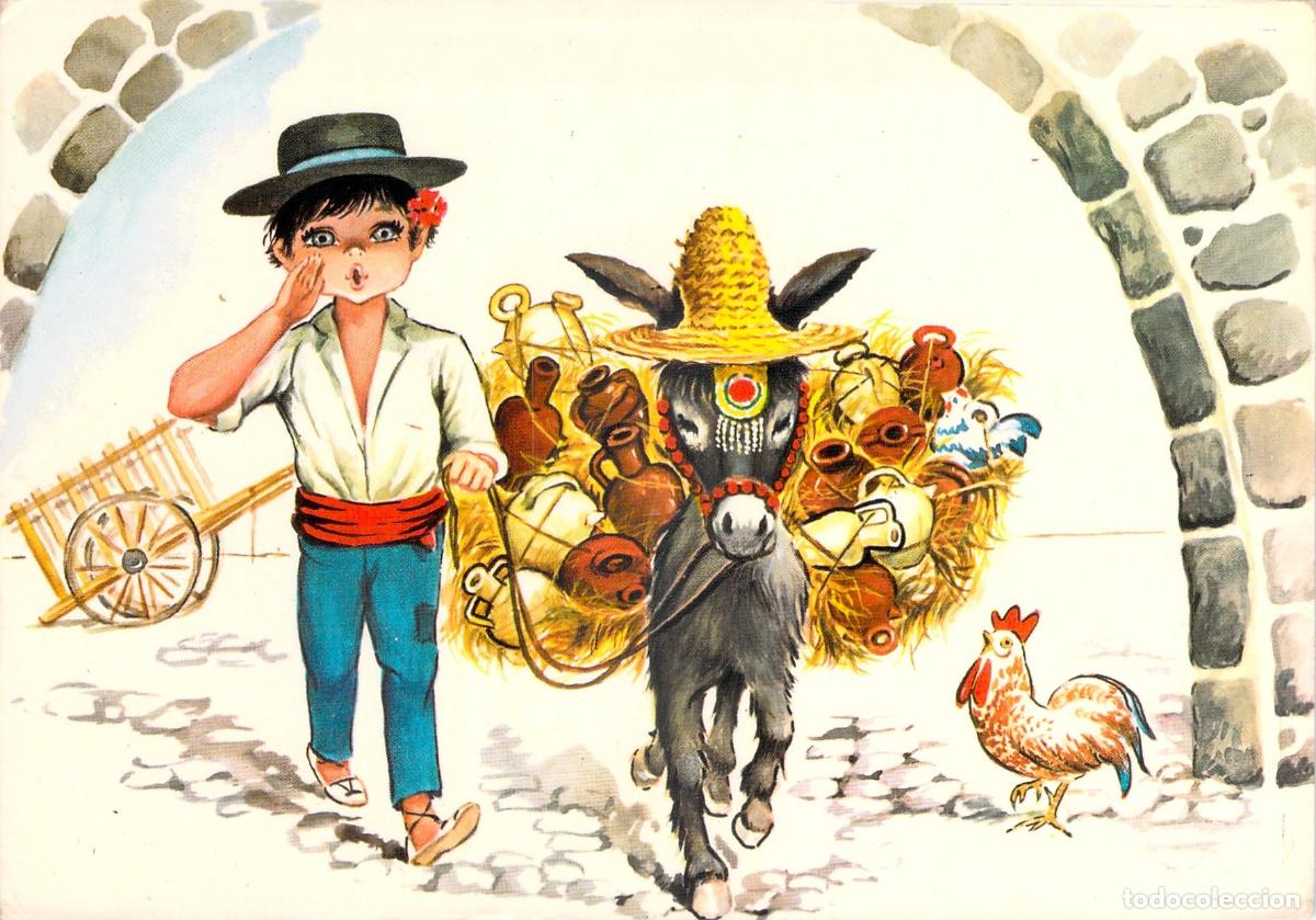 Postales: Postal ilustrada de un botijero con burro y gallo