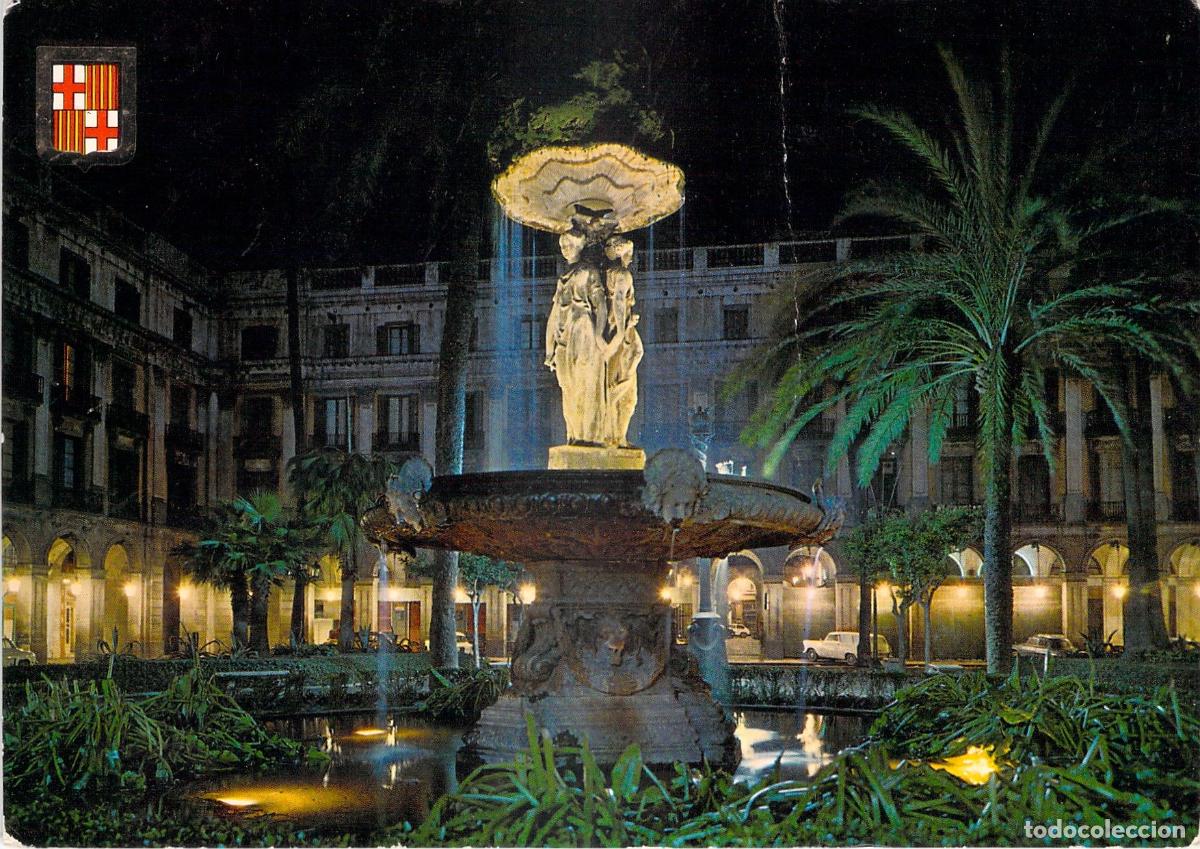 Postales: Postal de la Plaza Real en Barcelona vista nocturna