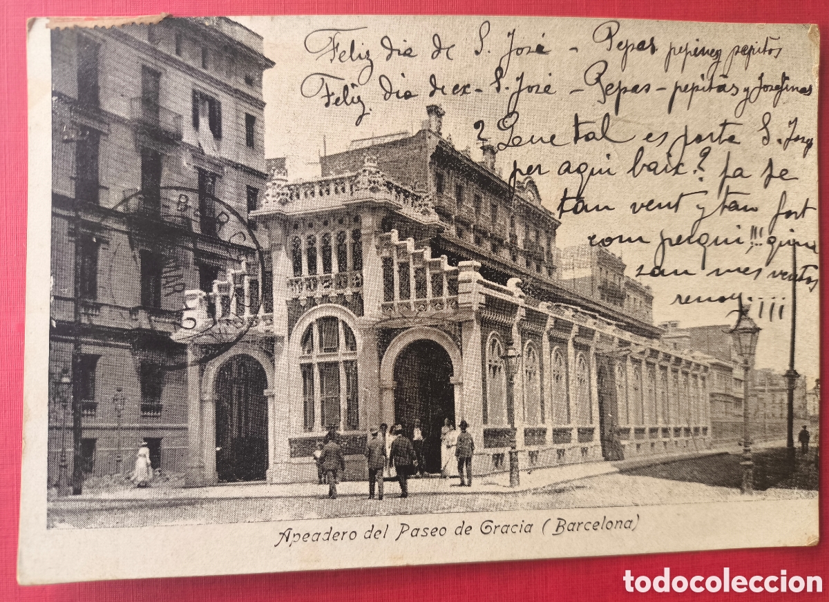 Postales: BARCELONA APEADERO PASSEIG DE GR&Agrave;CIA POSTAL REVERSO PUBLICIDAD JOYER&Iacute;A GABARR&Oacute; CIRCULADA 1912