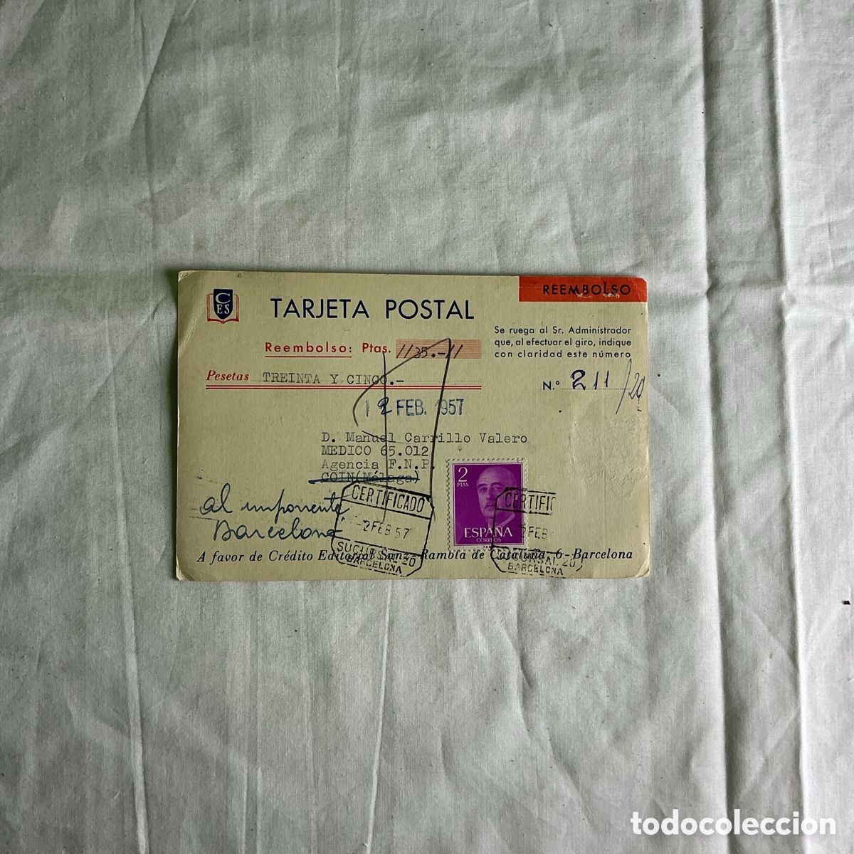 Postales: Tarjeta Postal Reembolso Cr&eacute;dito Editorial Sanz 1957 Certificada Original
