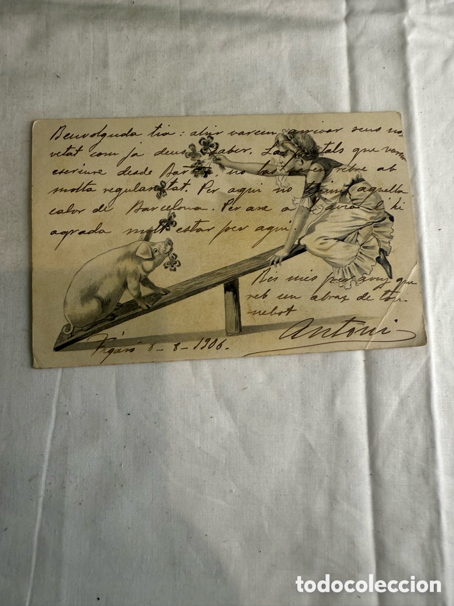Postales: Postal Infantil Cerdito y Ni&ntilde;a Color Original de la &eacute;poca 1906