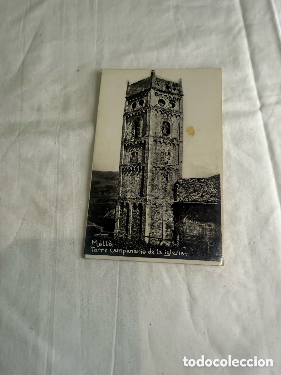 Postales: Postal Moll&oacute; Torre Campanario de la Iglesia 1954 &ndash; Blanco y negro &ndash; Original de la &eacute;poca