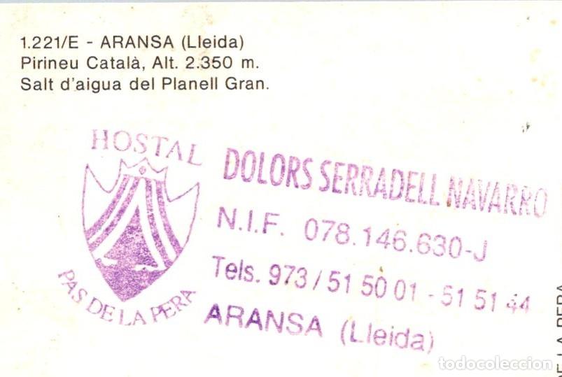 Postales: Aransa (Lleida) - Salt d'aigua del Planell Gran - Reverso con Sello Hostal Pas de la Pera