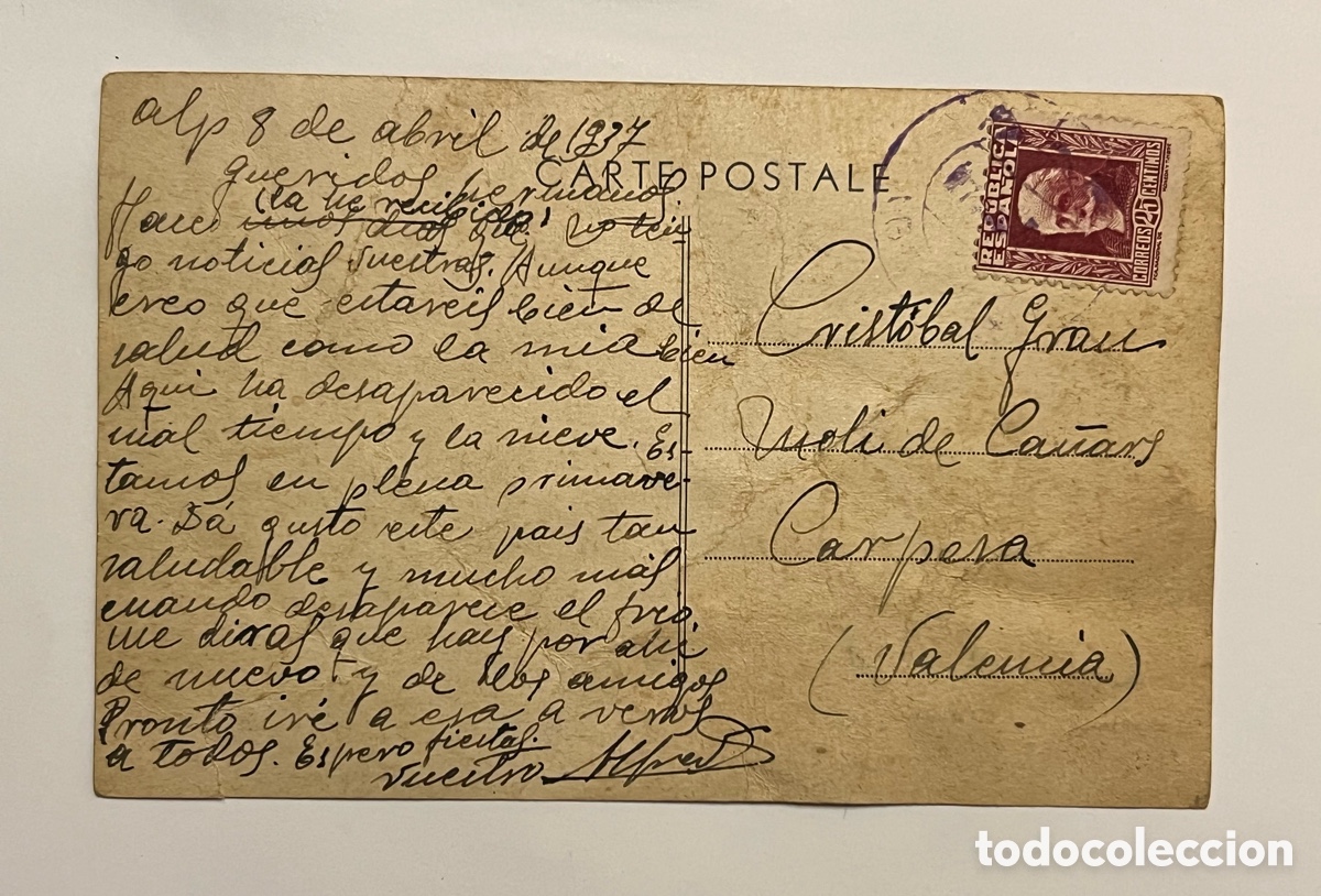 Postales: POSTAL durante la Rep&uacute;blica Circulada de ALP (Girona) a CARPESA, Mol&iacute; de Ca&ntilde;ars.. (a.1937)