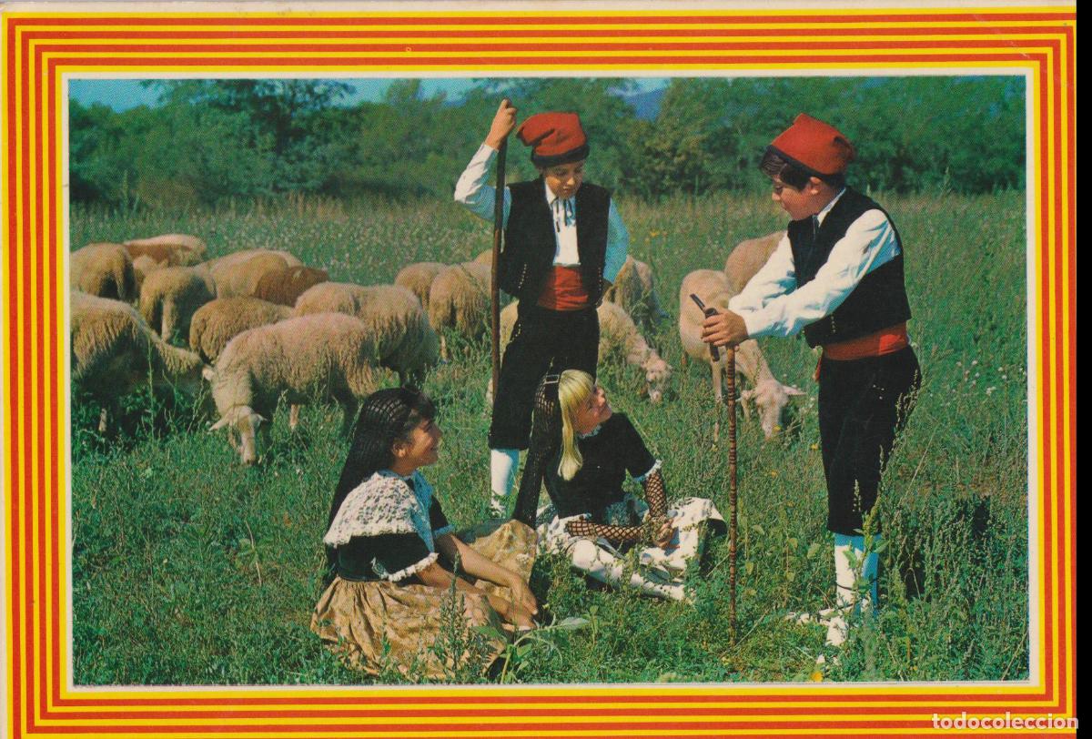Postales: CATALUNYA T&Iacute;PICA, NI&Ntilde;OS CON TRAJES REGIONALES, GUARDANDO LAS OVEJAS - LA BANDERA 518 - S/C