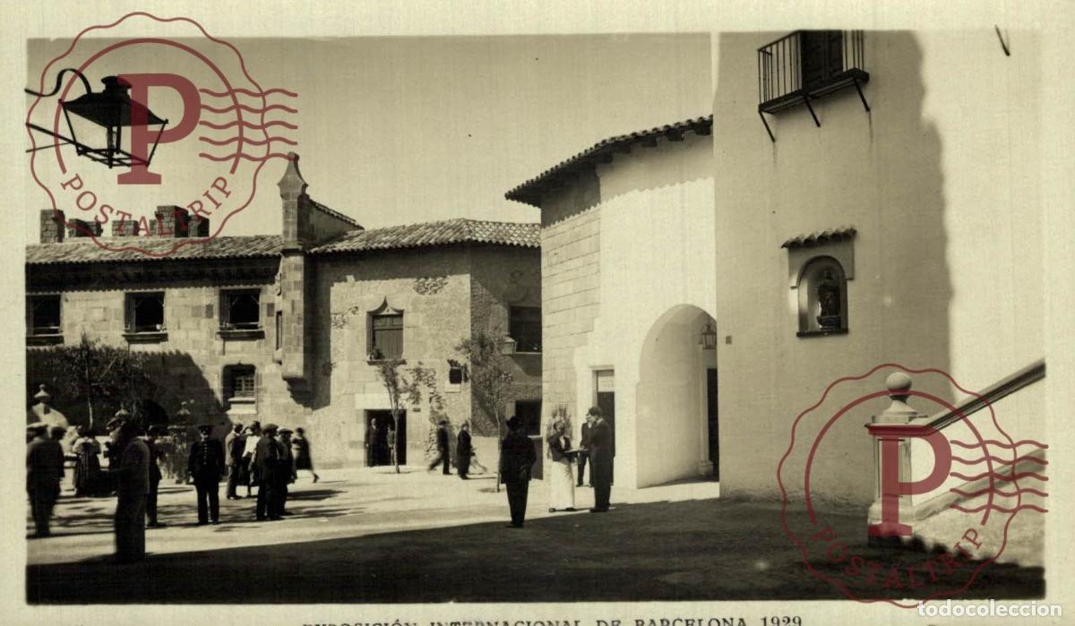 Postales: BARCELONA. PUEBLO ESPA&Ntilde;OL. PLAZA DE LA IGLESIA Y ENTRADA AL BARRIO ANDALUZ. RPPC FOTOGRAFICA