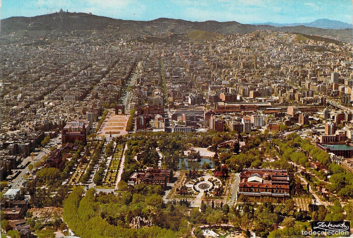 Postales: Postal de Barcelona con vista a&eacute;rea del Parque de la Ciudadela y Arco de Triunfo