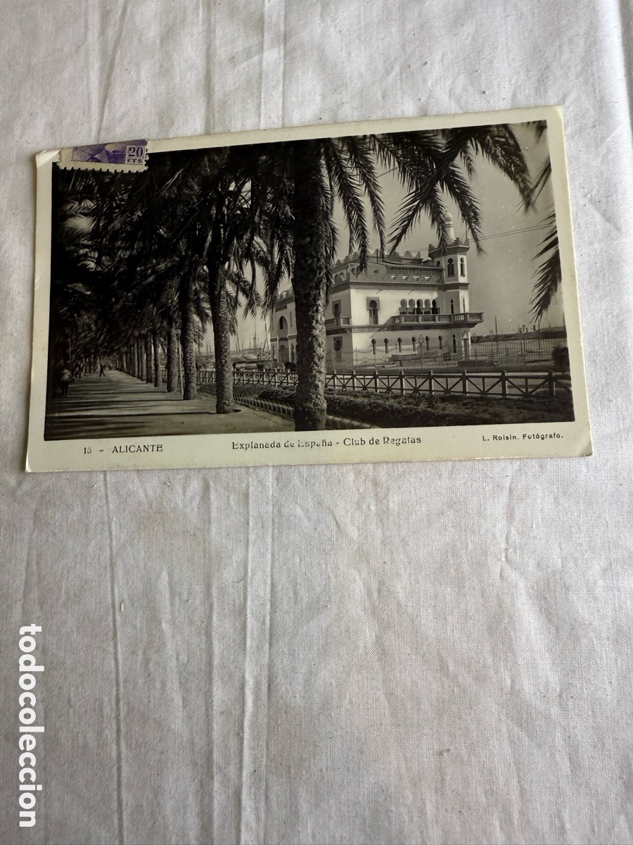 Postales: Postal antigua de Alicante &ndash; Explanada de Espa&ntilde;a y Club de Regatas &ndash; Blanco y negro &ndash; Circulada 1943