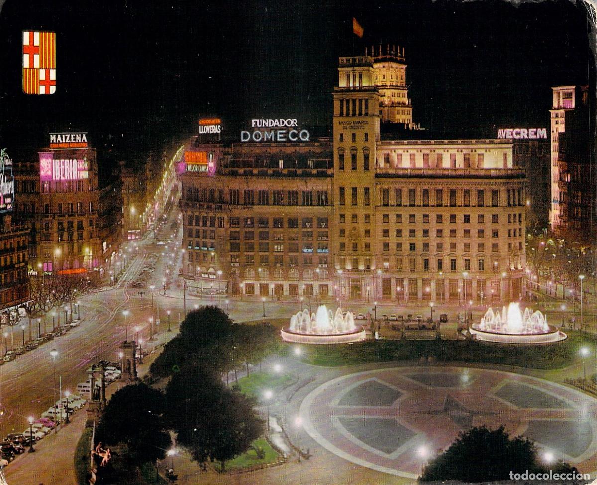 Postales: Postal de la Plaza de Catalu&ntilde;a de Barcelona, vista nocturna