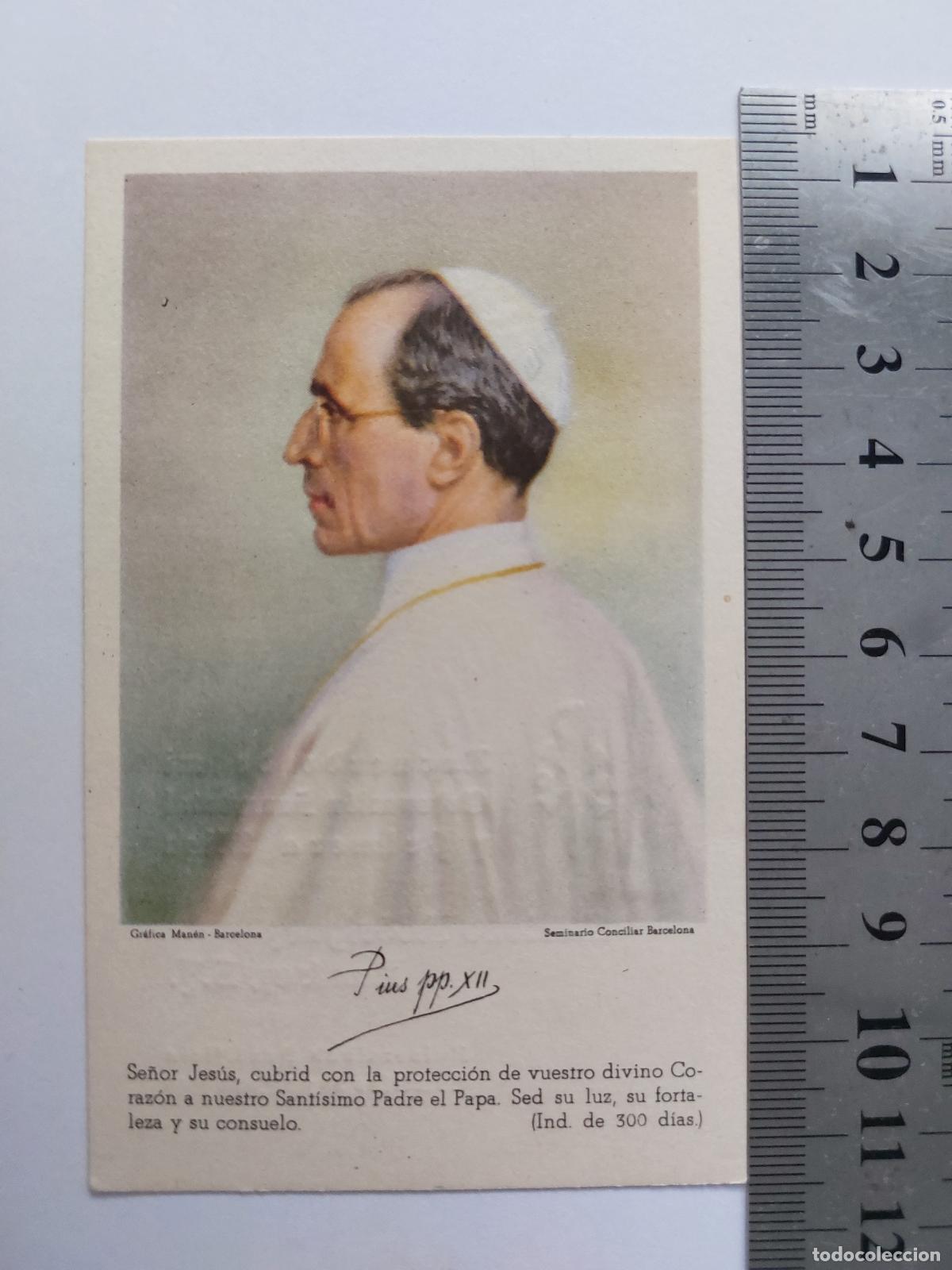 Postales: Estampa de recuerdo de ordenaci&oacute;n sacerdotal con retrato de Papa P&iacute;o XII