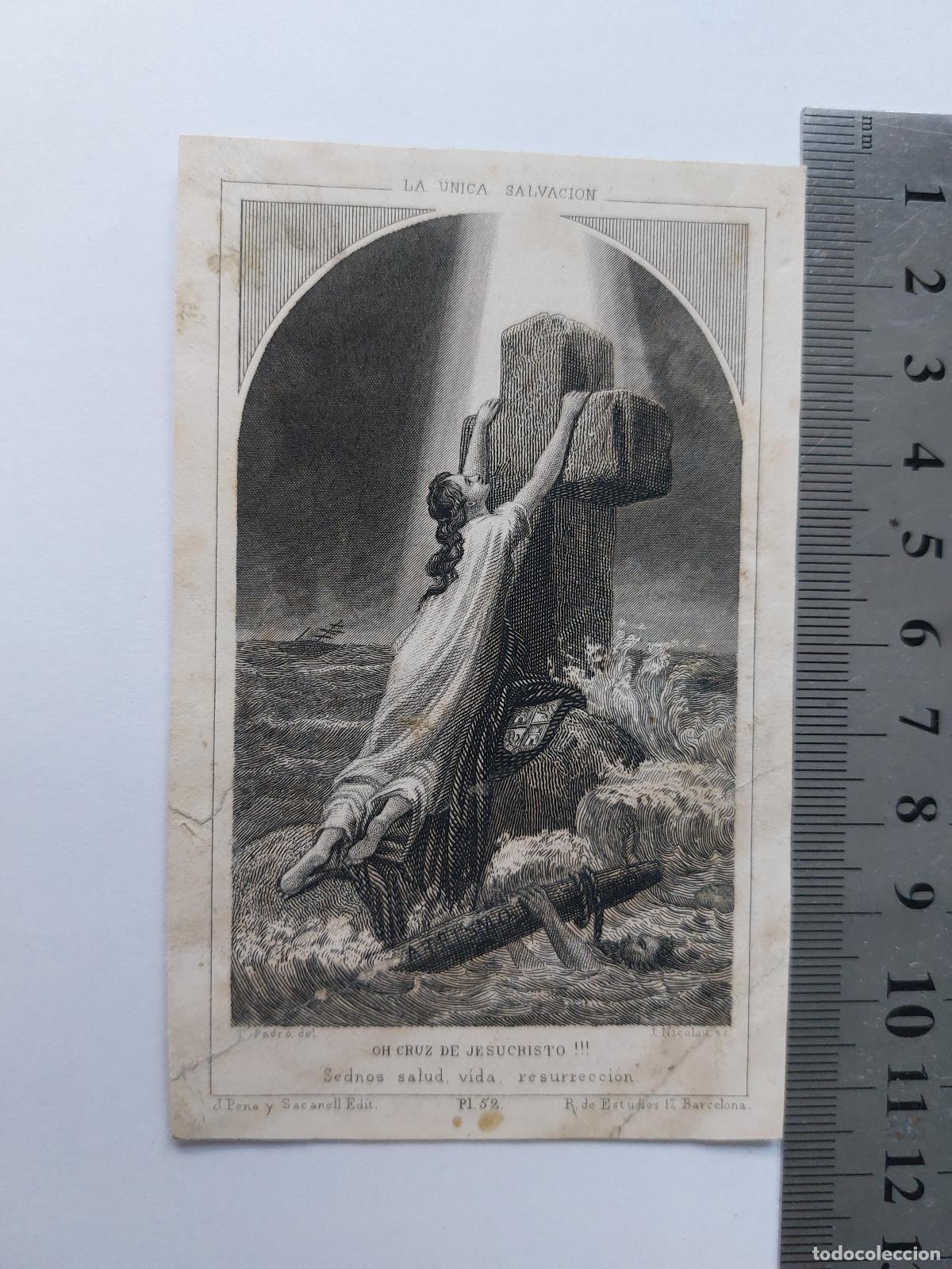 Postales: Estampa de Alegor&iacute;a Religiosa con Mujer Abrazada a una Cruz