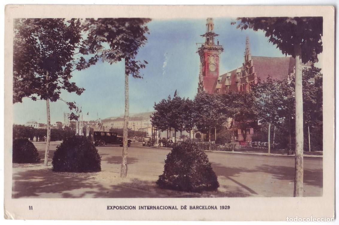 Postales: Barcelona: Exposici&oacute;n Internacional de Barcelona 1929. Avenida del Estadio y Pabell&oacute;n de B&eacute;lgica