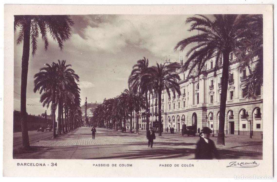 Postales: Barcelona: Paseo de Col&oacute;n. Talleres Zerkowitz. Circulada (A&ntilde;os 30)