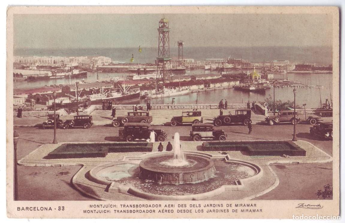 Postales: Barcelona: Montjuich. Transbordador a&eacute;reo desde los Jardines de Miramar. Zerkowitz (A&ntilde;os 30)