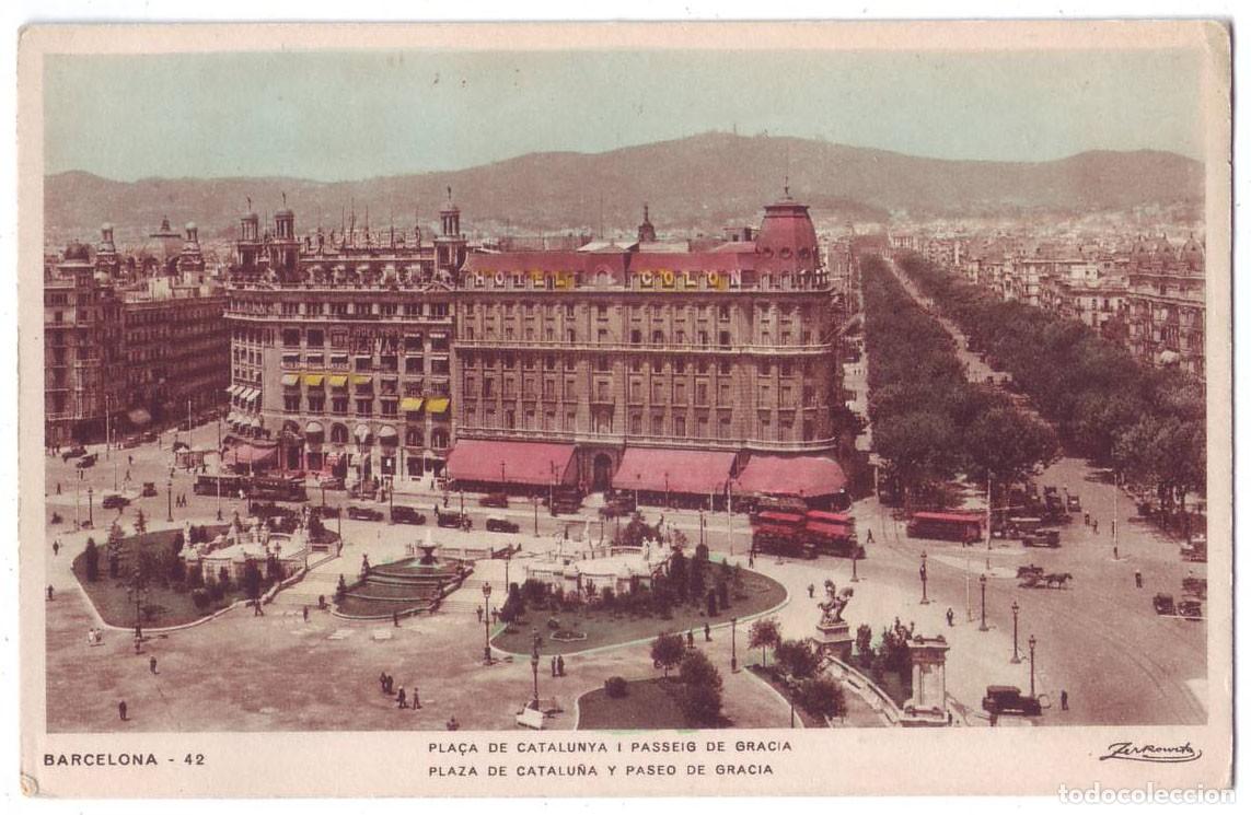 Postales: Barcelona: Plaza de Catalu&ntilde;a y Paseo de Gracia. Ediciones Zerkowitz. No circulada (A&ntilde;os 30)