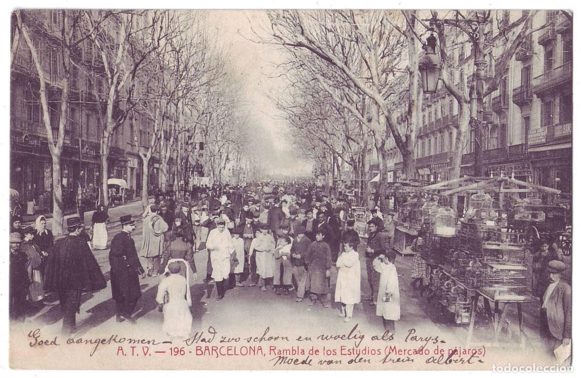 Postales: Barcelona: Rambla de los Estudios (Mercado de p&aacute;jaros). &Aacute;ngel Toldr&aacute; Viazo A.T.V. Circulada (1908)