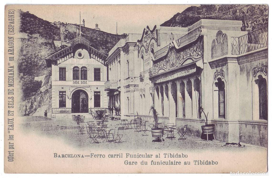 Postales: Barcelona: Ferrocarril Funicular al Tibidabo. Eaux et sels de Mediana. Sin dividir. (Anterior 1905)