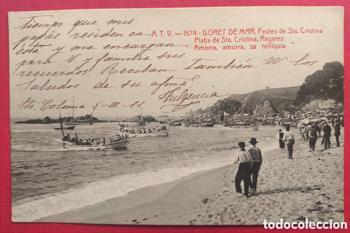 Postales: LLORET DE MAR FESTES DE STA. CRISTINA PLATJA POSTAL ANIMADA FOTOTIPIA CIRCULADA GIRONA 1911